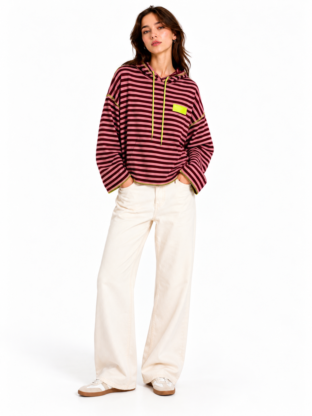 Gestreifter Kapuzenpullover - Bordeaux/Rosa