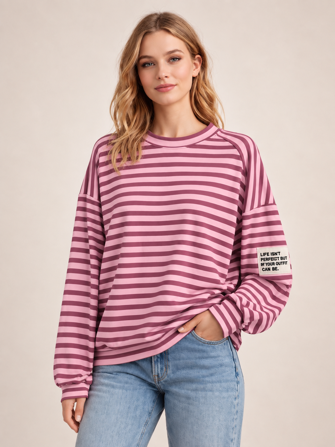 Flair - Leichtes Streifen Sweatshirt "Life isn’t Perfect but your Outfit can be" - Rosa/Beere