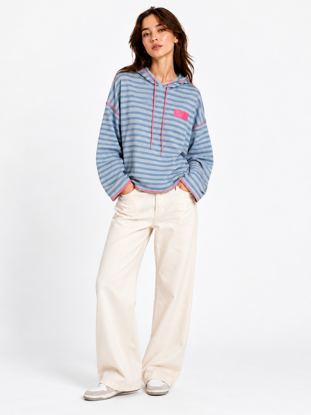 Gestreifter Kapuzenpullover - Jeansblau/Hellblau