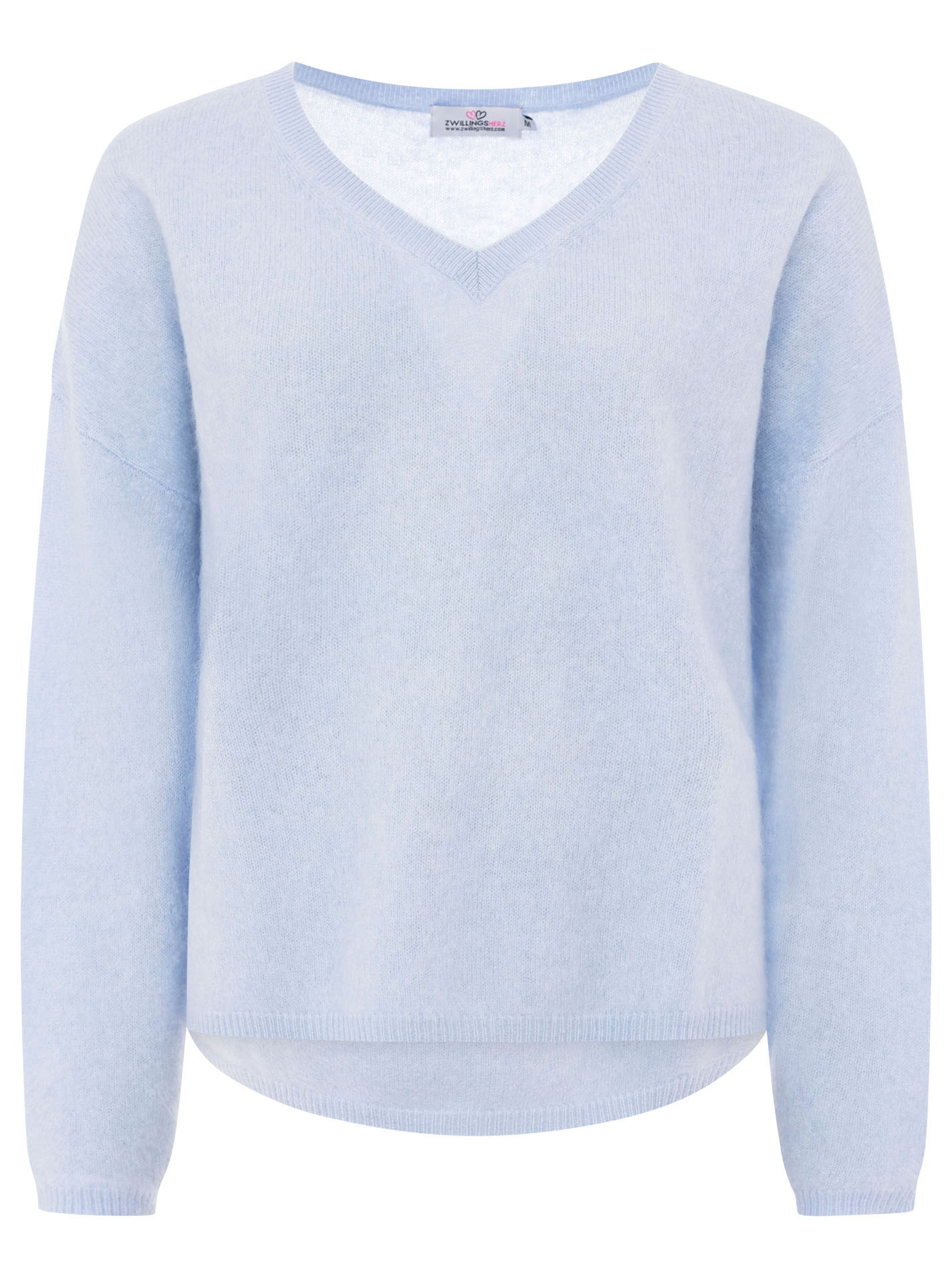 Zwillingsherz 100% Kaschmir Pullover V-Ausschnitt aus gebürstetem Cashmere - Hellblau