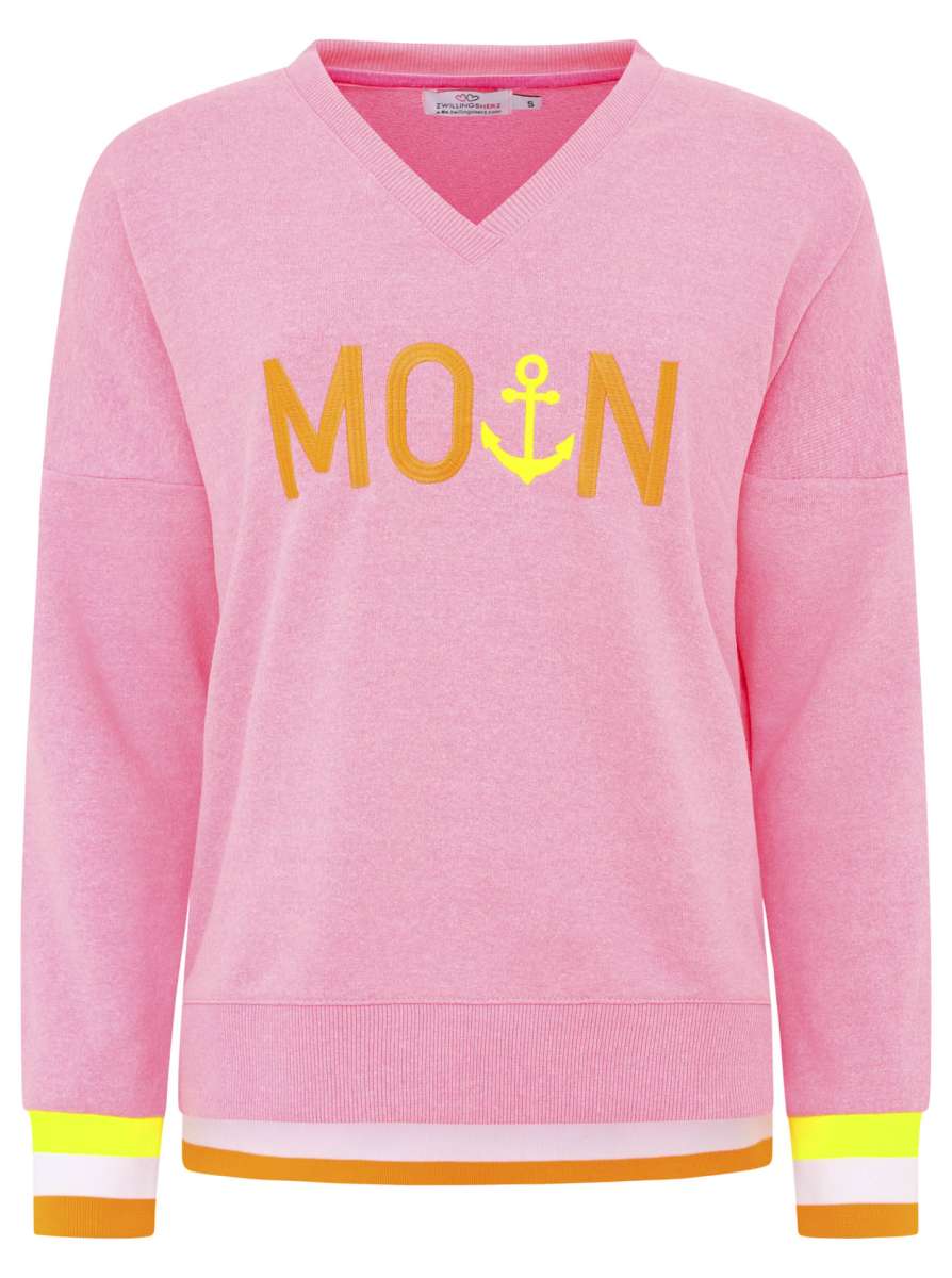 Zwillingsherz - Sweatshirt V-Ausschnitt "Moin Anker" - Neonpink