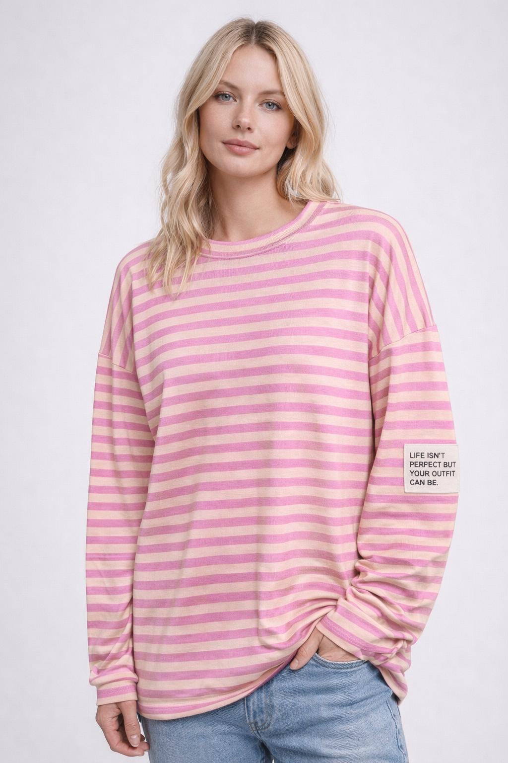 Flair - Leichtes Streifen Sweatshirt "Life isn’t Perfect but your Outfit can be" - Rosa