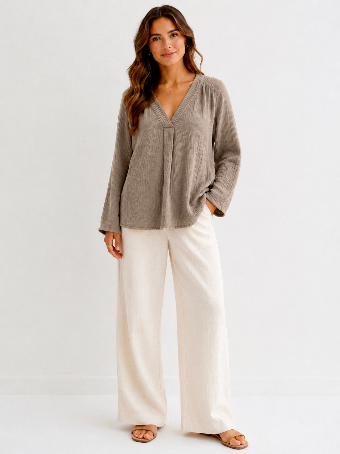 Musselin Bluse - V-Ausschnitt - Taupe