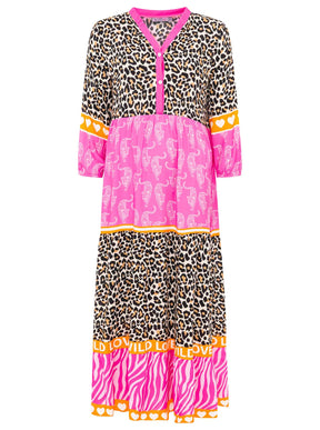 Zwillingsherz - Maxi Kleid Leo Wild Love  - Pink/Orange/Schwarz