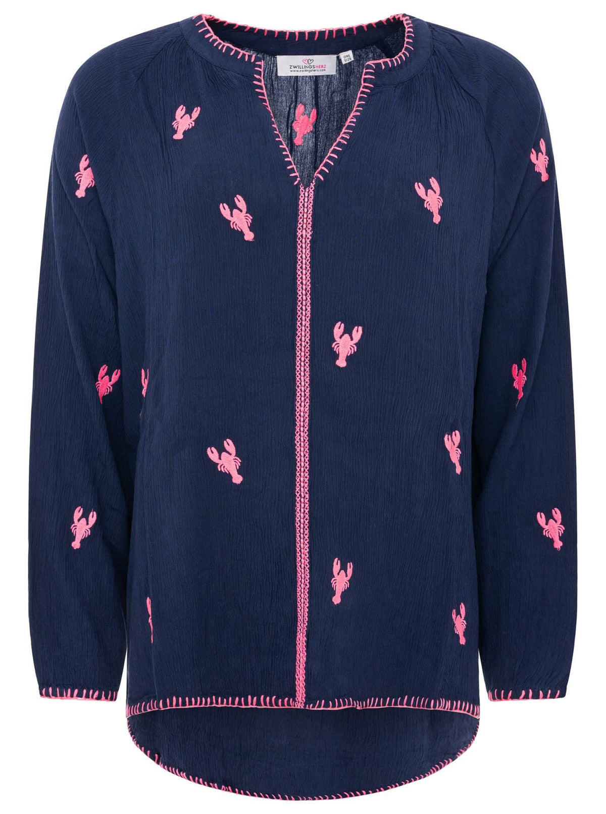 Zwillingsherz - Bluse V-Ausschnitt „Gestickte Hummer“ - Navyblau
