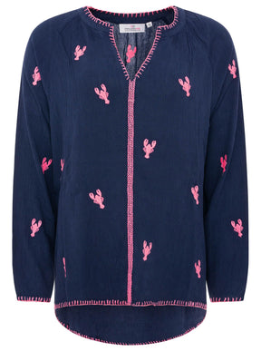 Zwillingsherz - Bluse V-Ausschnitt „Gestickte Hummer“ - Navyblau