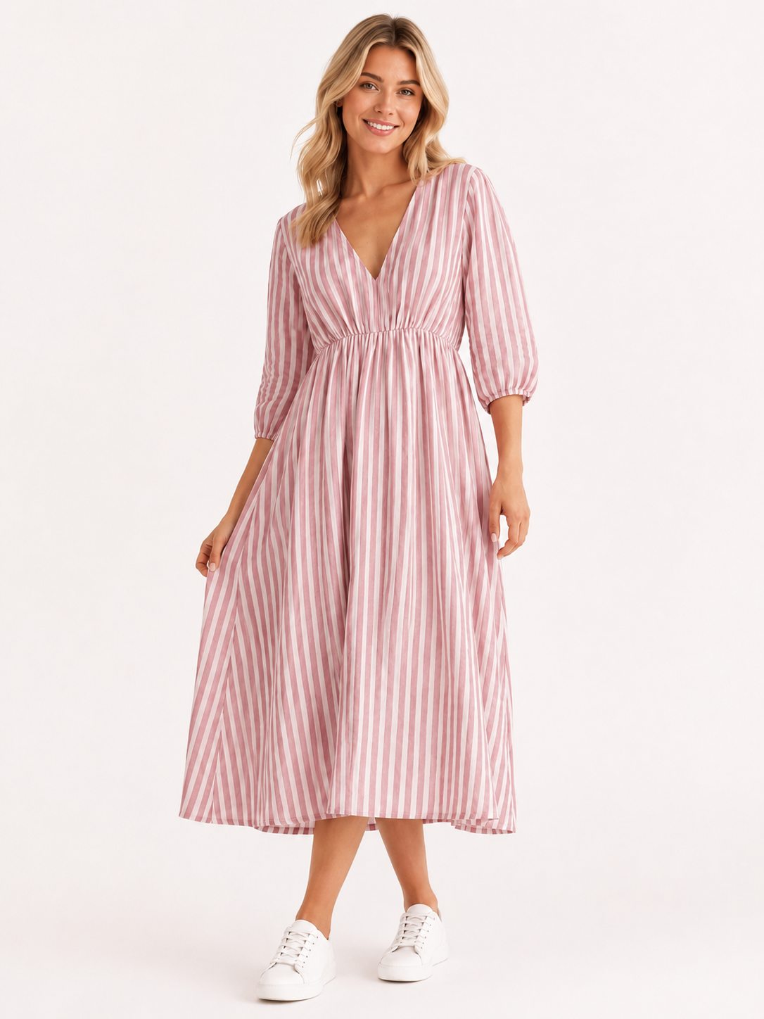 Lockeres Musselin Kleid mit Streifen - Altrosa