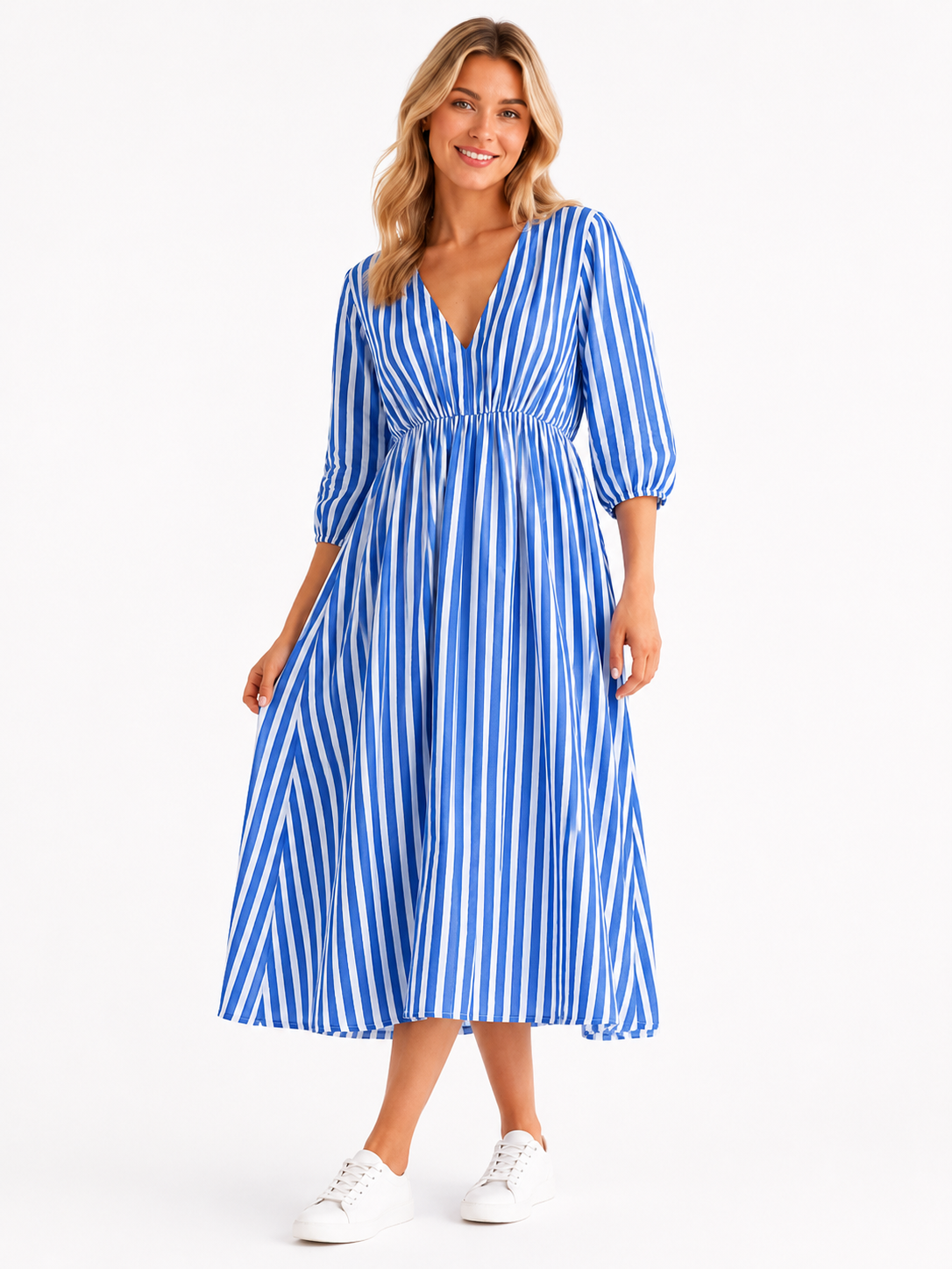 Lockeres Musselin Kleid mit Streifen - Royalblau