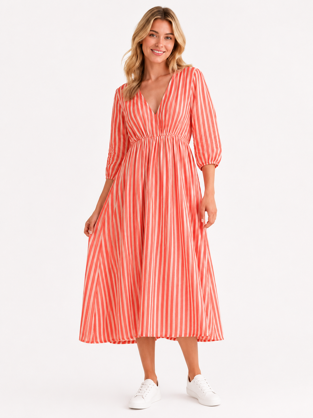 Lockeres Musselin Kleid mit Streifen - Dunkelorange