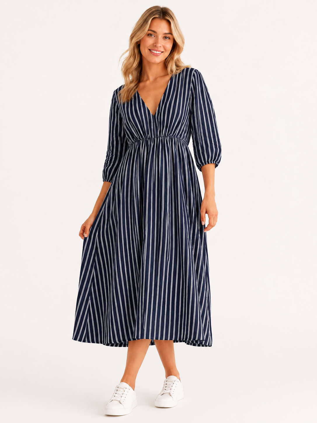 Lockeres Musselin Kleid mit Streifen - Marine