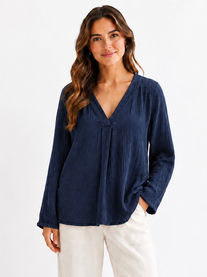 Musselin Bluse - V-Ausschnitt - Marine
