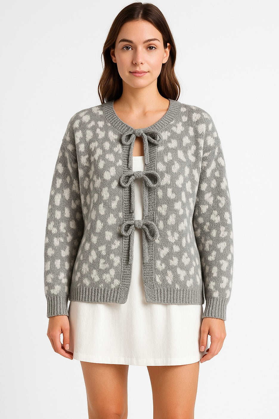 Stilvoller Leo Cardigan mit Schleife - Hellgrau