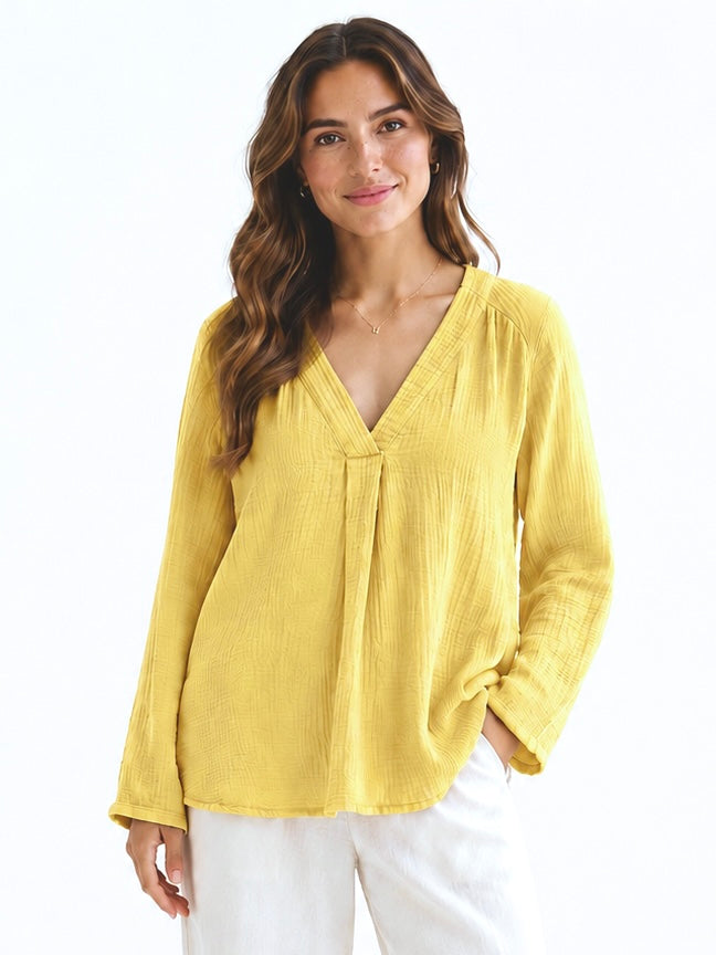 Musselin Bluse - V-Ausschnitt - Hellgelb