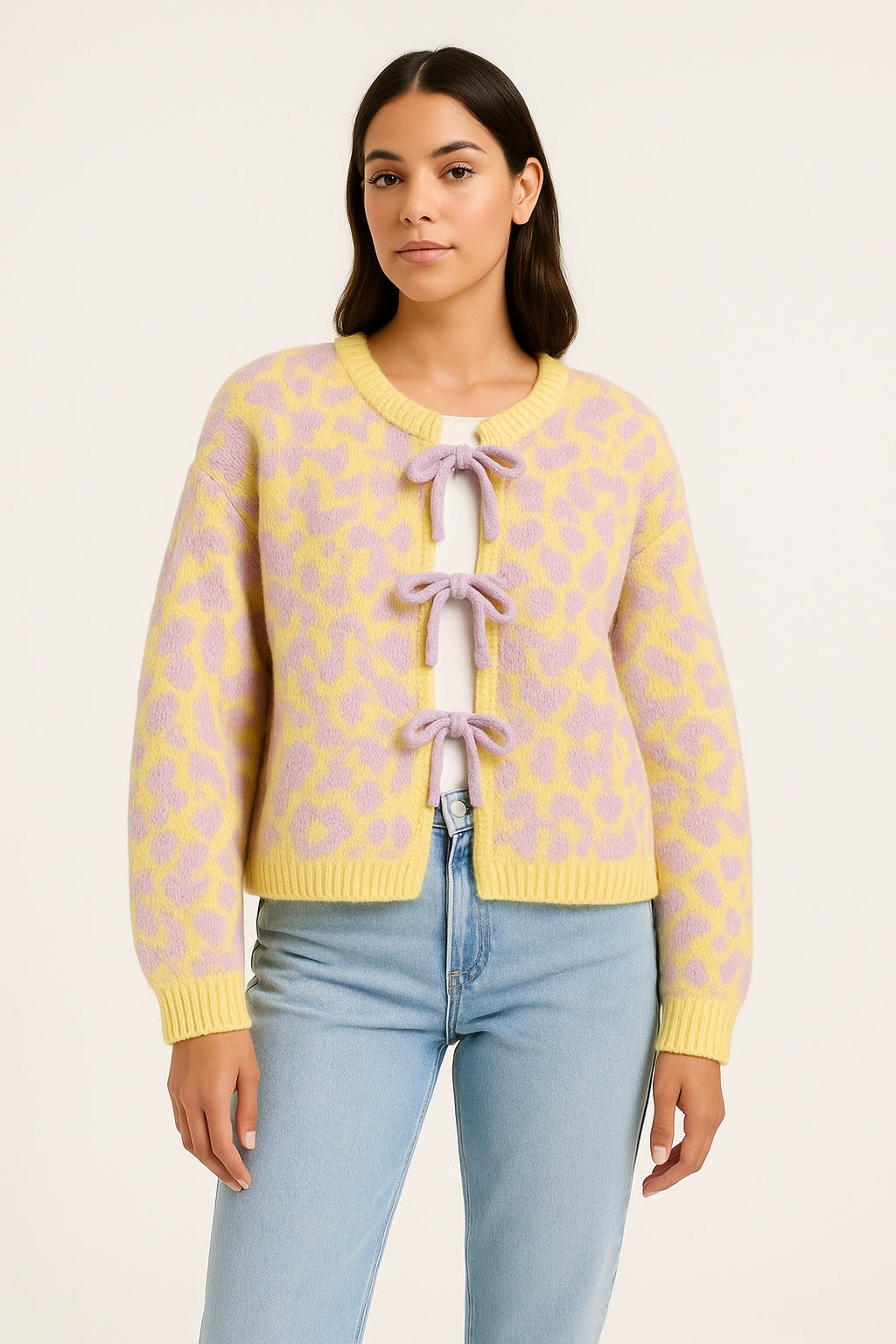 Stilvoller Leo Cardigan mit Schleife - Gelb/Rosa