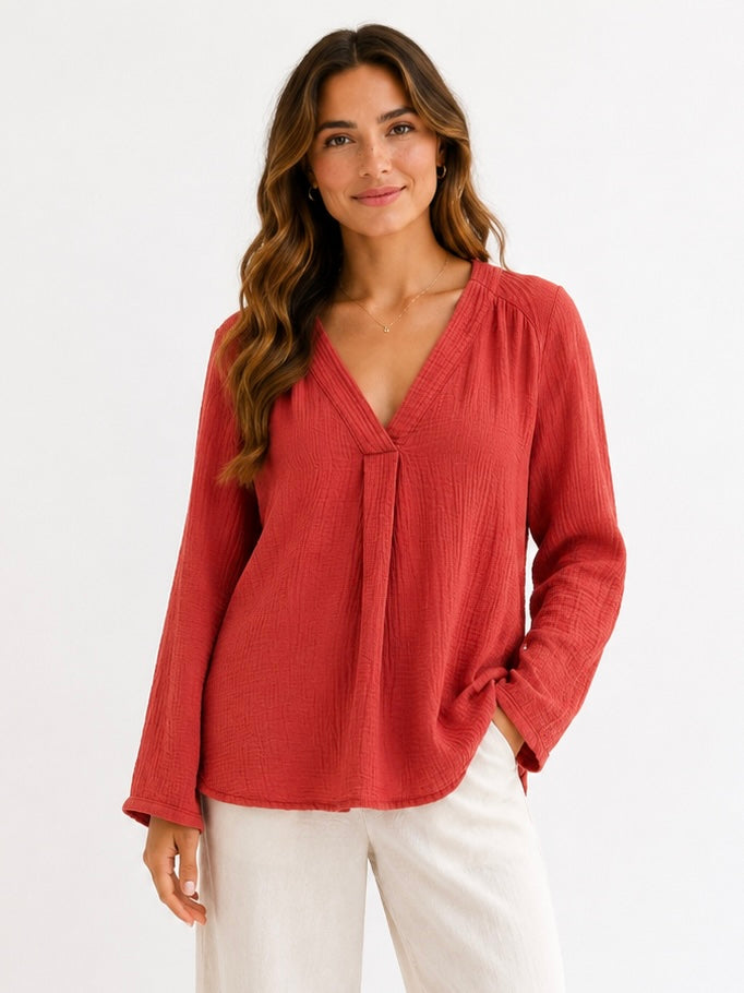 Musselin Bluse - V-Ausschnitt - Rostrot