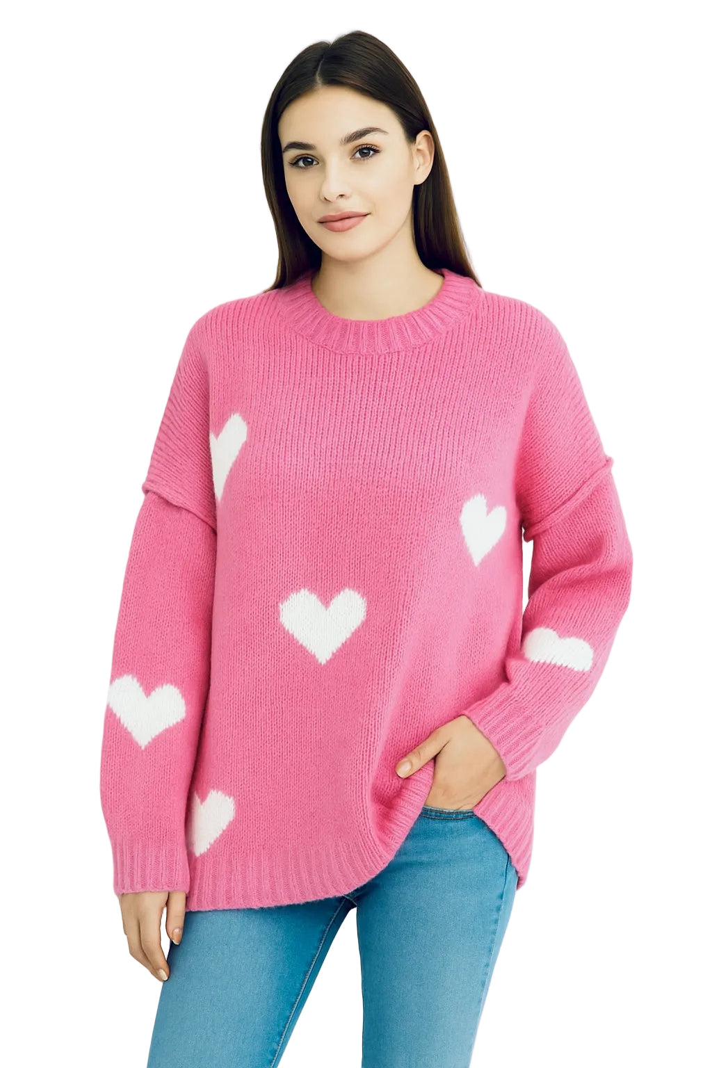 Strick-Pullover Baumwolle mit naht "Herzen" - Bubblegumpink