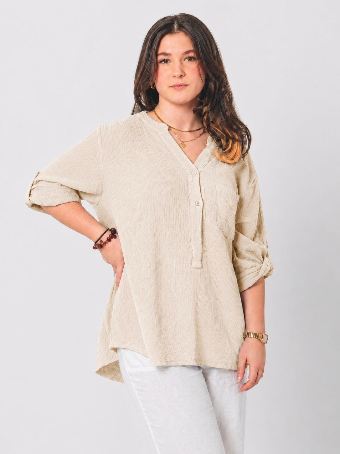 Natürliche Musselin-Bluse - Hellbeige