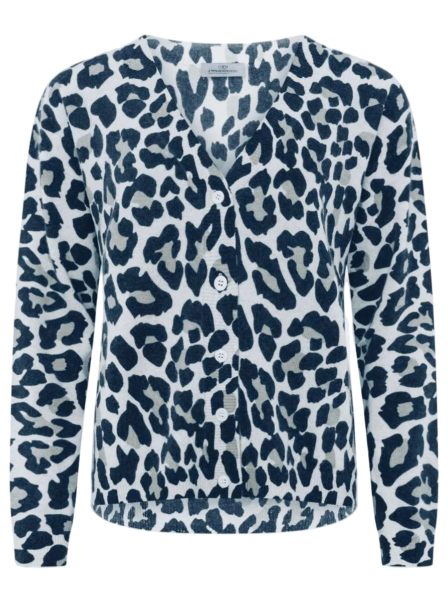 Zwillingsherz 100% Kaschmir / Cashmere Cardigan/Strickjacke Leo/Leopard - Grau/Schwarz