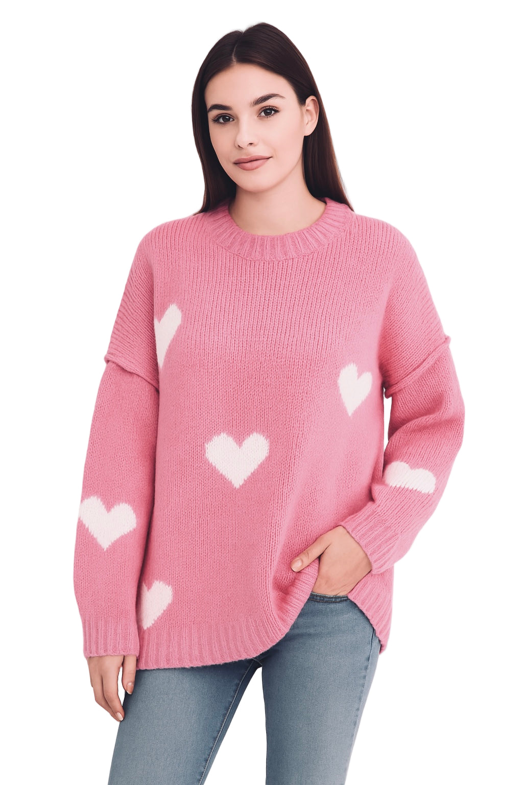 Strick-Pullover Baumwolle mit naht "Herzen" - Rosa