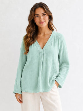 Musselin Bluse - V-Ausschnitt - Mint