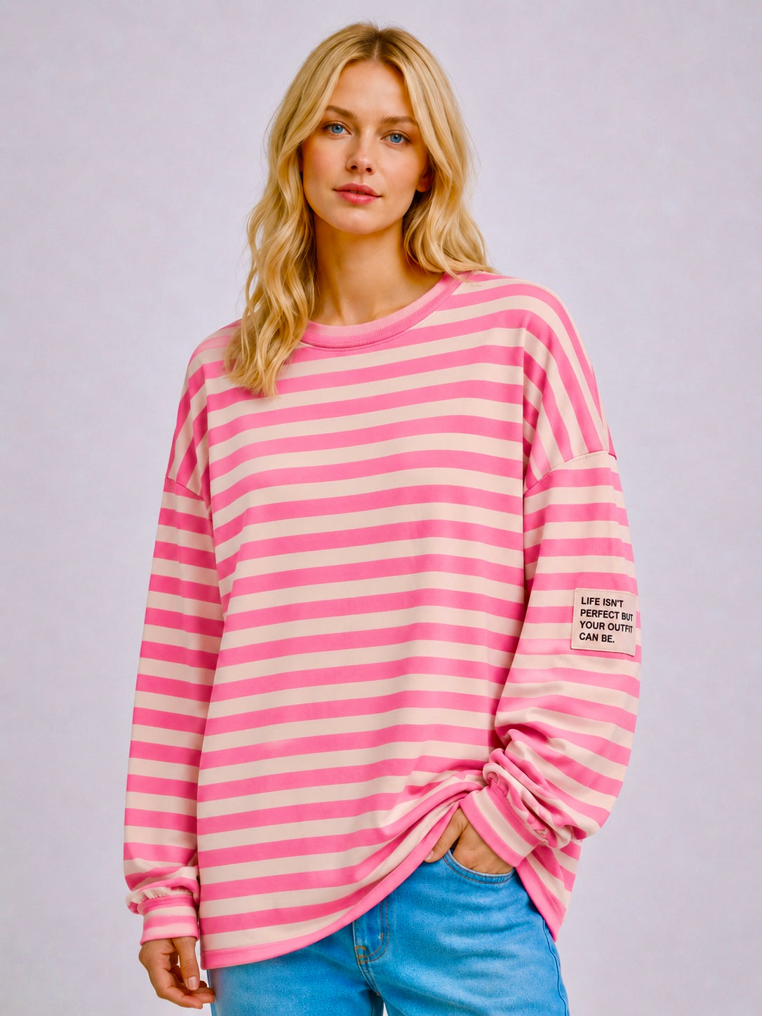 Flair - Leichtes Streifen Sweatshirt "Life isn’t Perfect but your Outfit can be" - Bubblegum