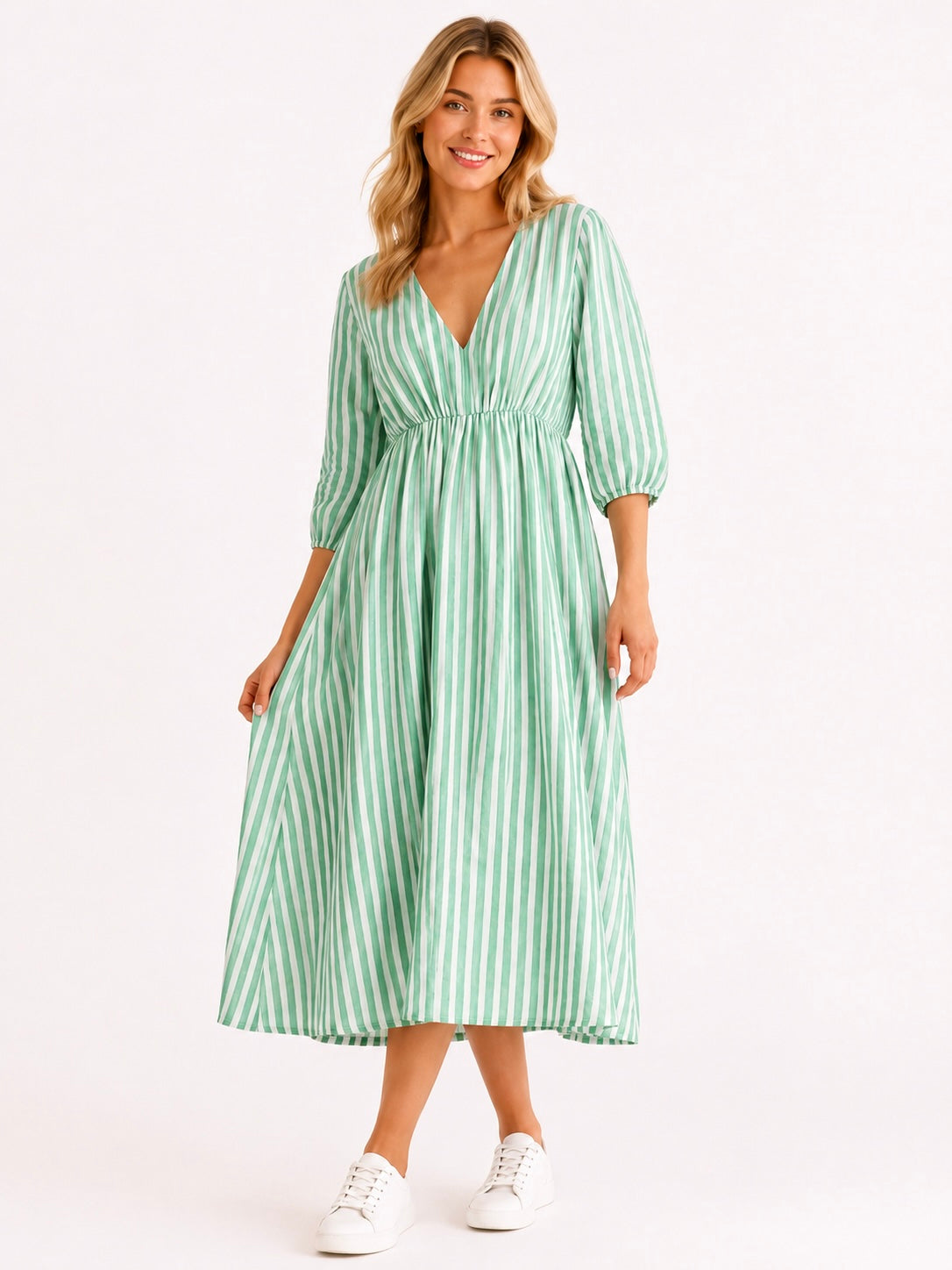 Lockeres Musselin Kleid mit Streifen - Mintgrün