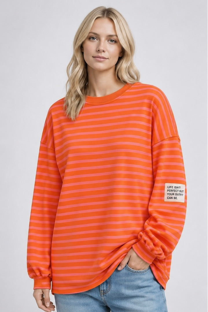 Flair - Leichtes Streifen Sweatshirt "Life isn’t Perfect but your Outfit can be" - Orange/Rosa