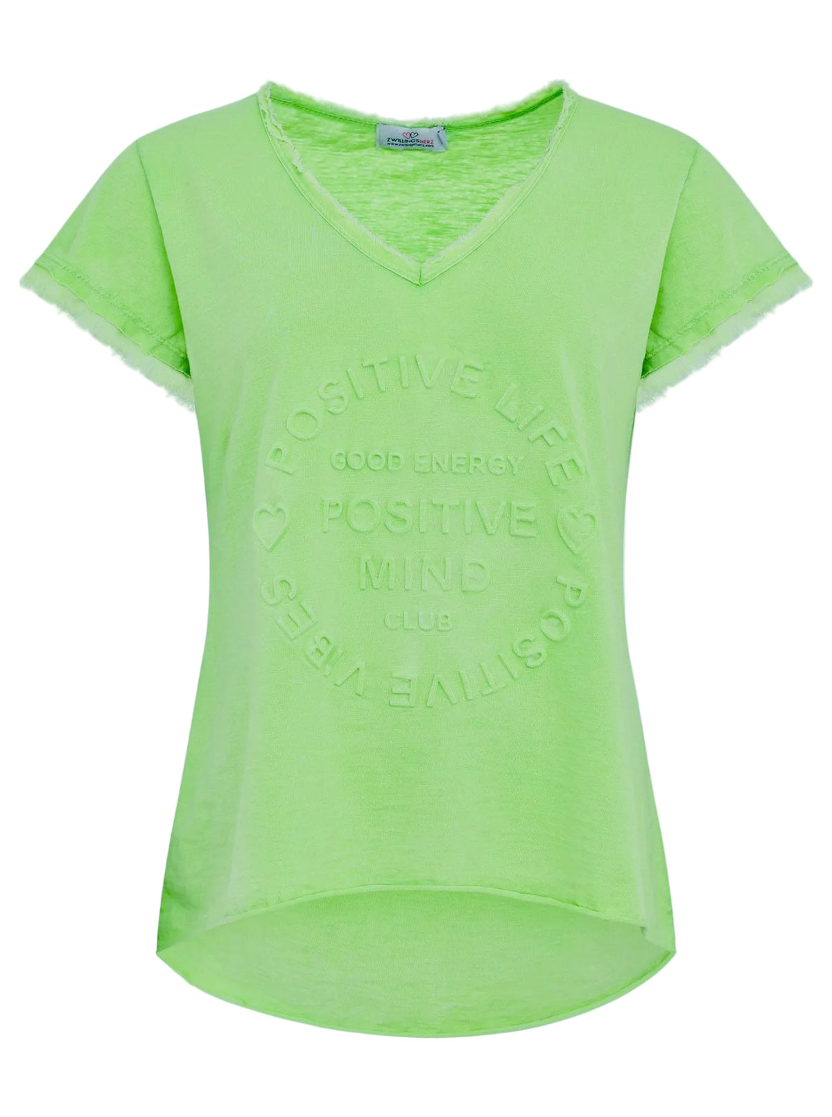Zwillingsherz - Oversized T-Shirt "Positive Mind" V-Ausschnitt Fransensaum - Limette