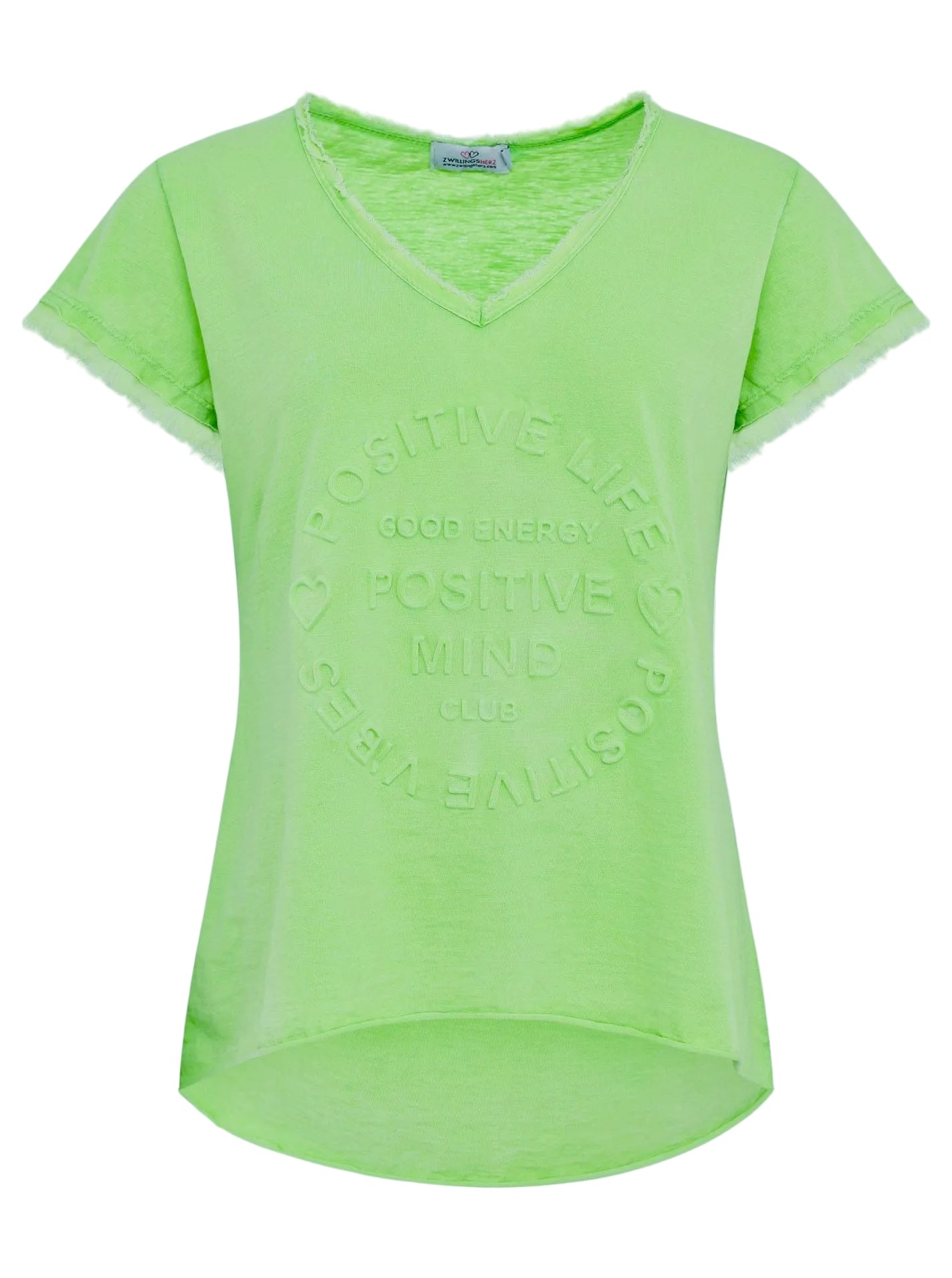 Zwillingsherz - Oversized T-Shirt "Positive Mind" V-Ausschnitt Fransensaum - Limette