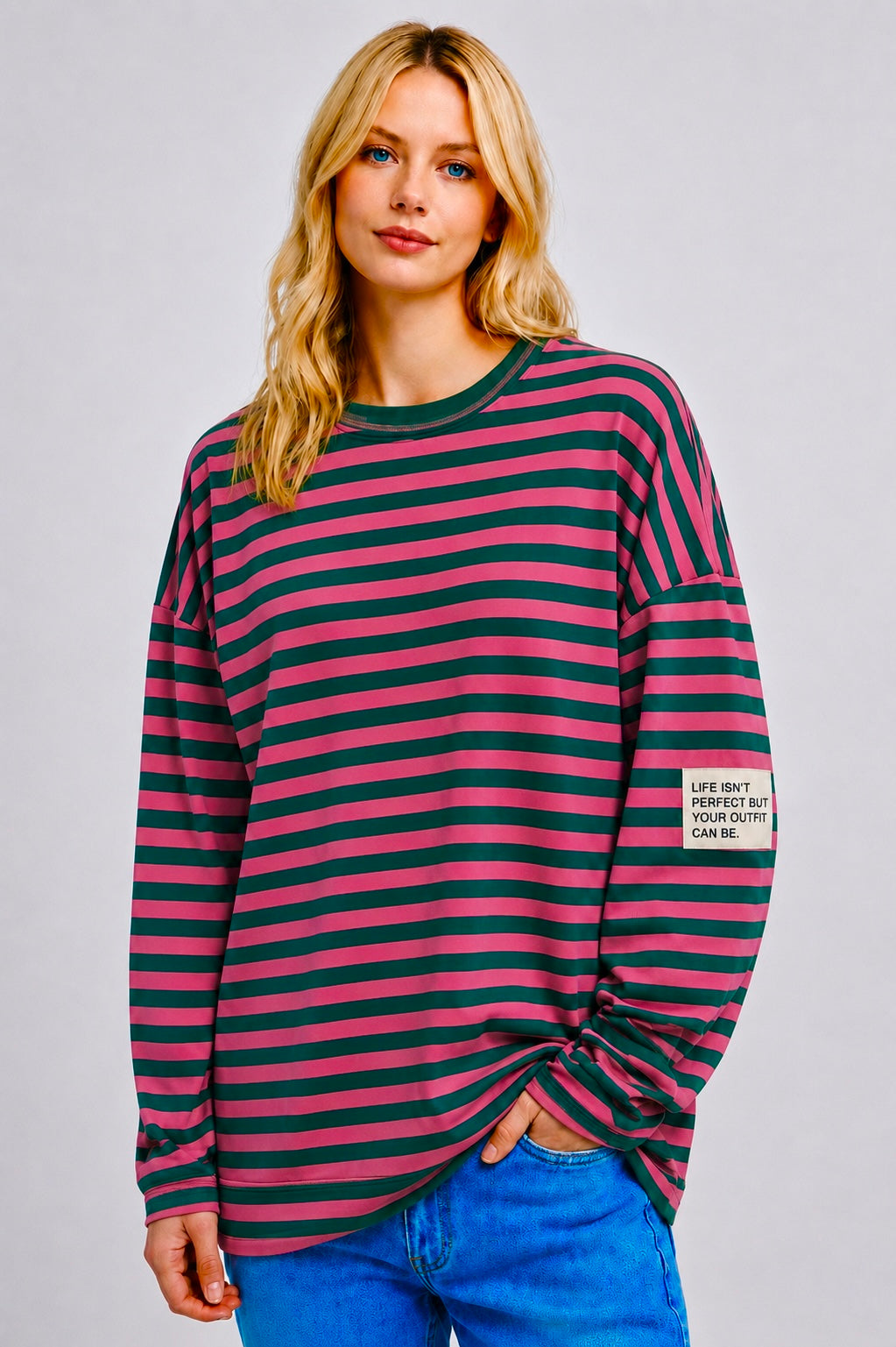 Flair - Leichtes Streifen Sweatshirt "Life isn’t Perfect but your Outfit can be" - Khaki/Pink