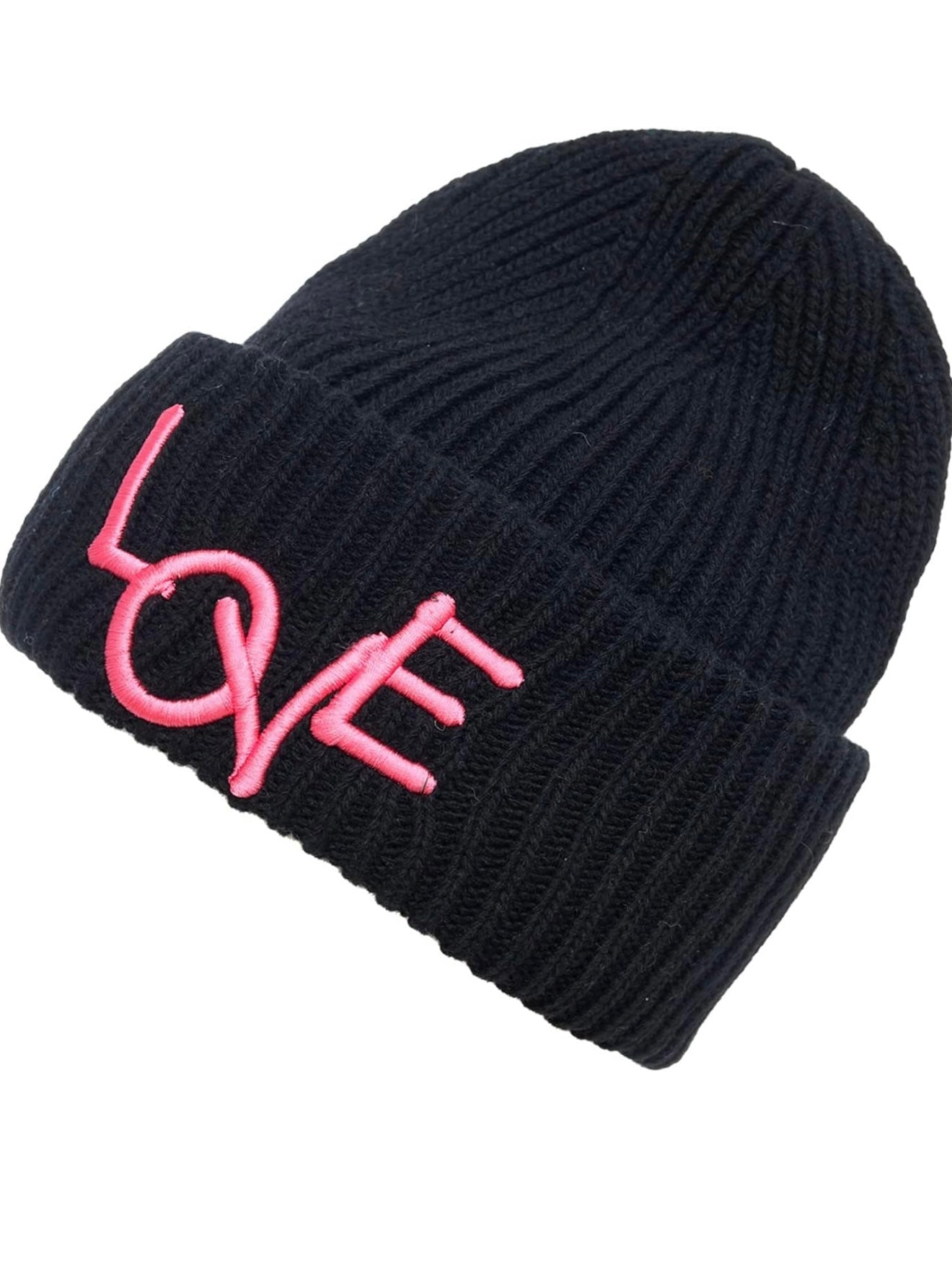 Zwillingsherz - Mütze mit Umschlag "Love" - Schwarz/Pink