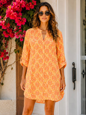 Stilvolle Neon Longbluse "Knopfleiste"- Orange