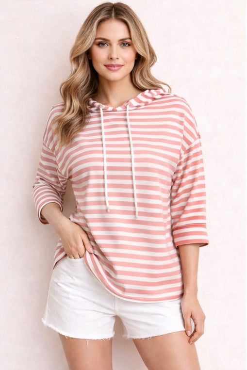 Leichter Hoodie "Baumwolle Streifen" - Rosa