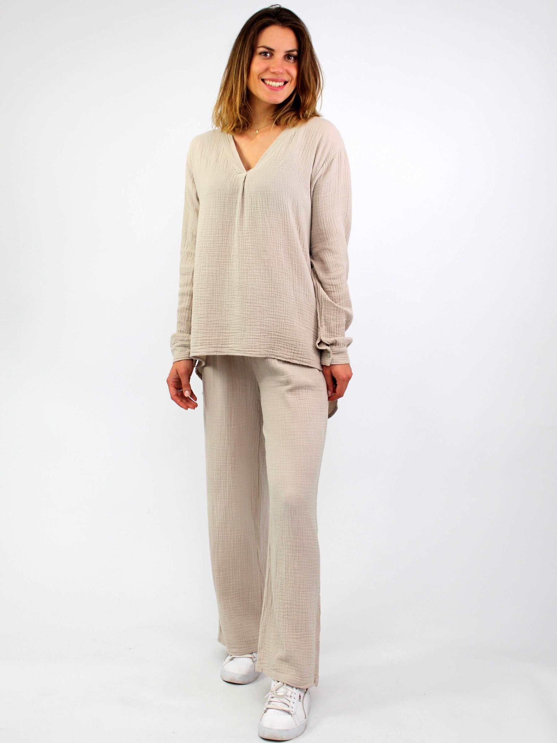 Musselin Zweiteiler (Bluse mit Hose) - Beige