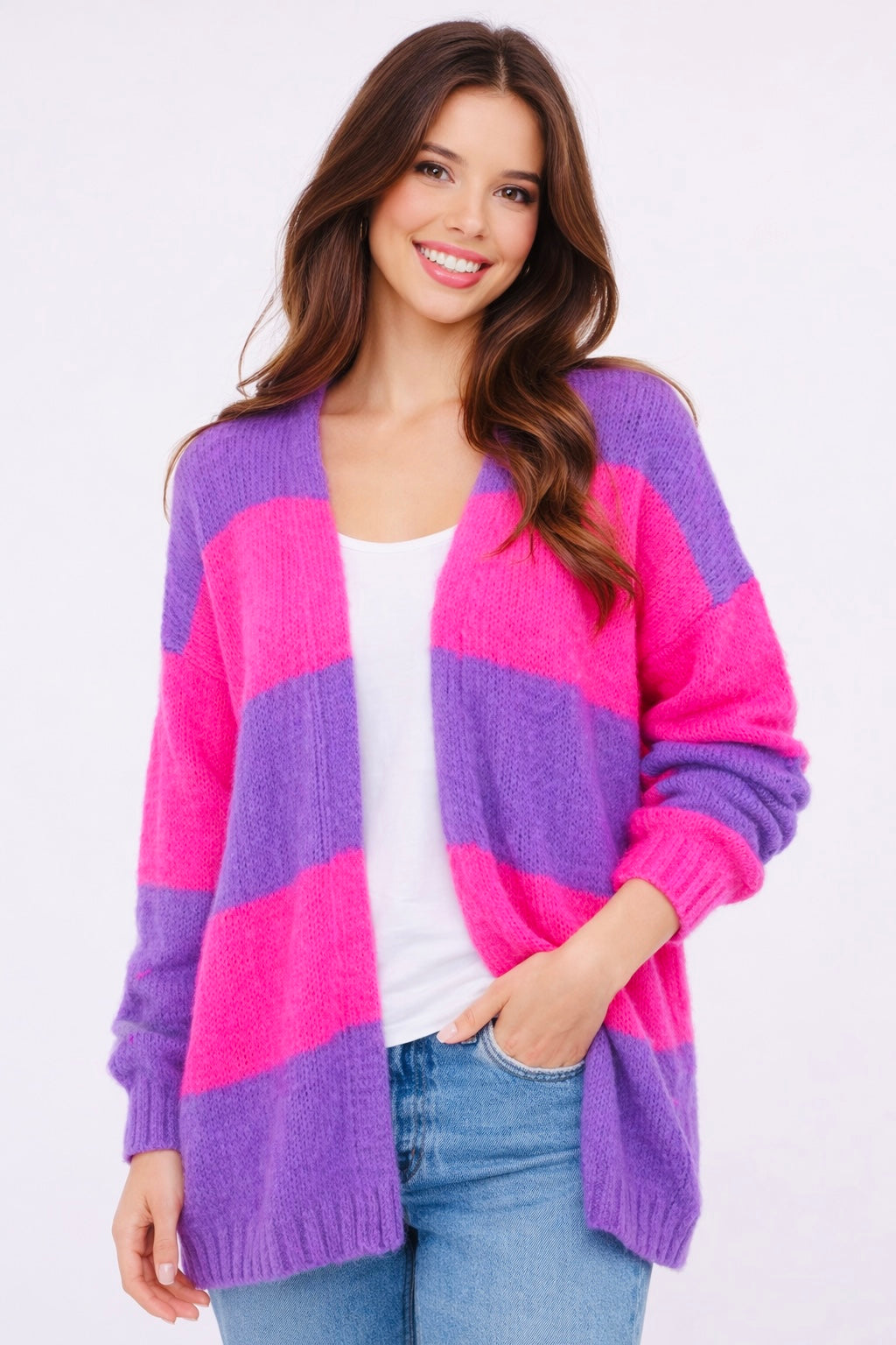 Flair Comfort style - Hochwertige Strickjacke Blockstreifen - Flieder/Pink