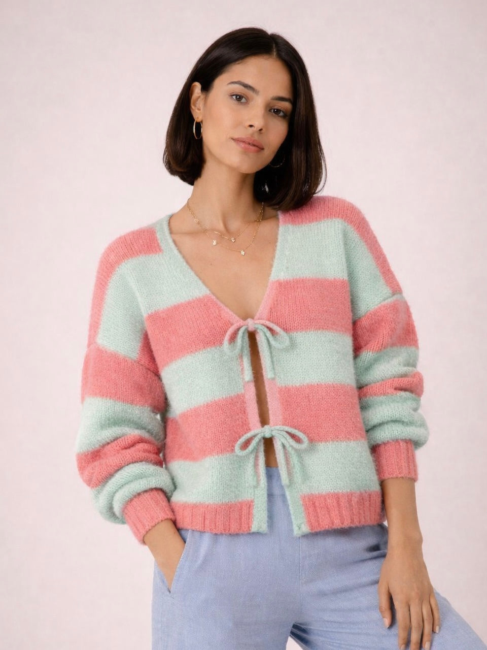 Zweifarbiger Cardigan mit Schleife - Koralle/Grün