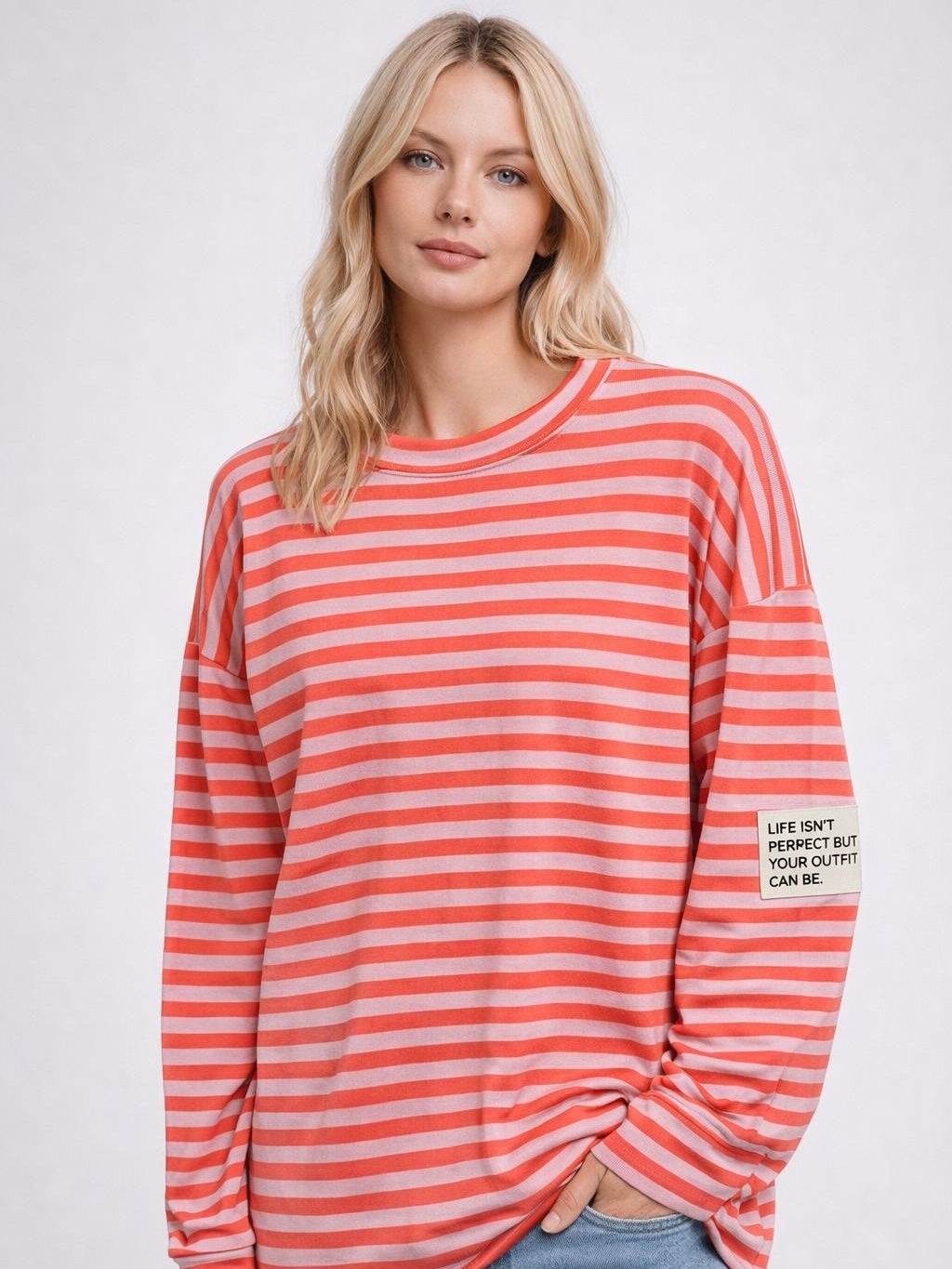 Flair - Leichtes Streifen Sweatshirt "Life isn’t Perfect but your Outfit can be" - Koralle/Rosa