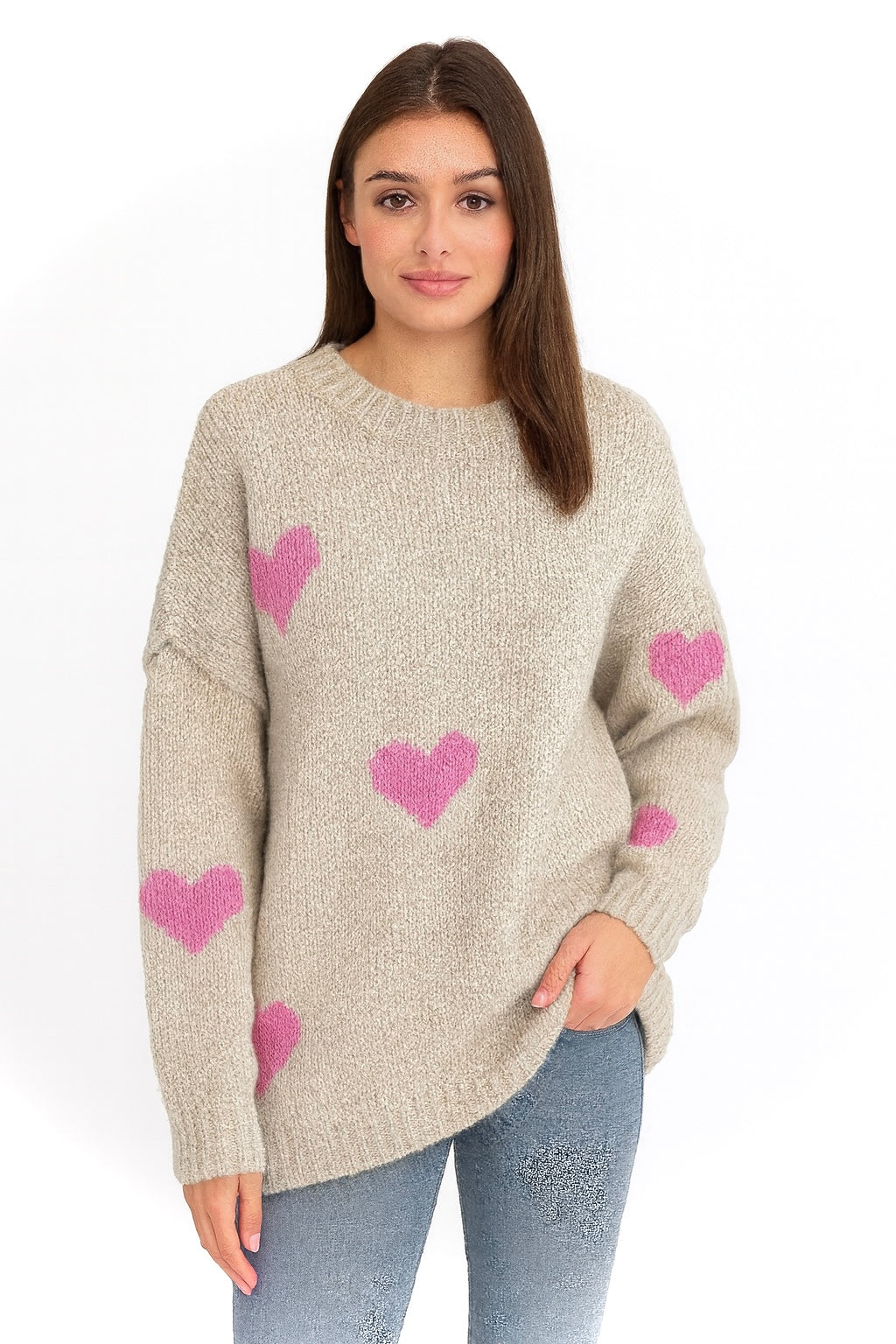 Strick-Pullover Baumwolle mit naht "Herzen" - Creme