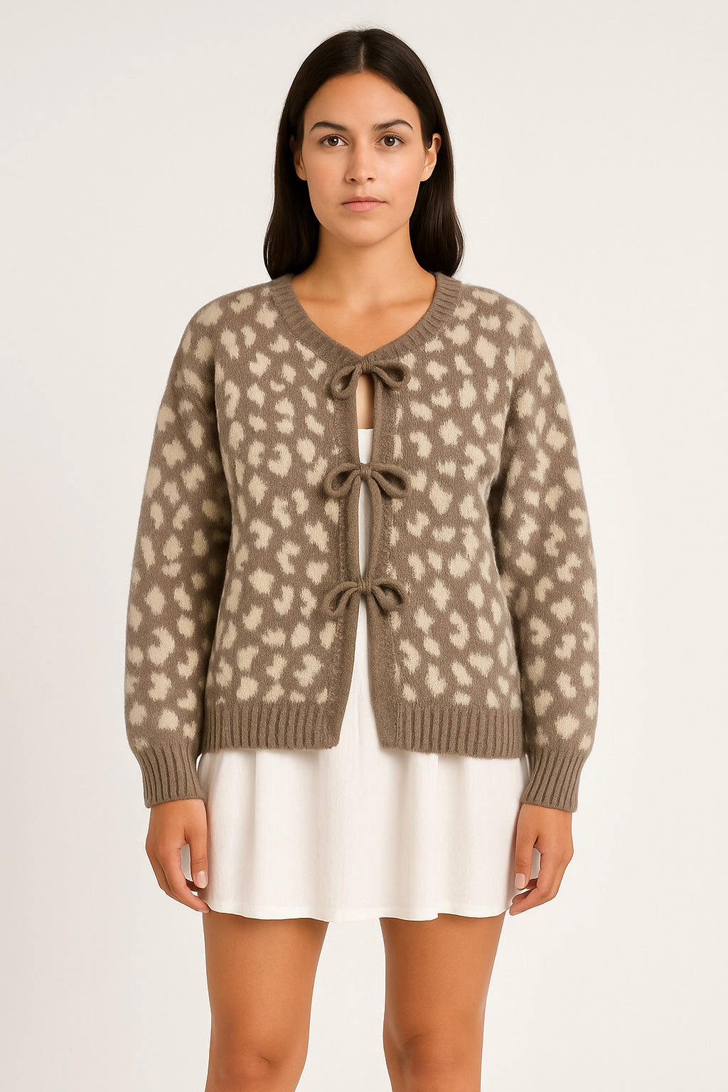 Stilvoller Leo Cardigan mit Schleife - Camel