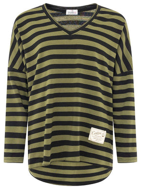 Zwillingsherz - Sweatshirt V-Neck "Streifen & Jersey" - Khaki/Schwarz