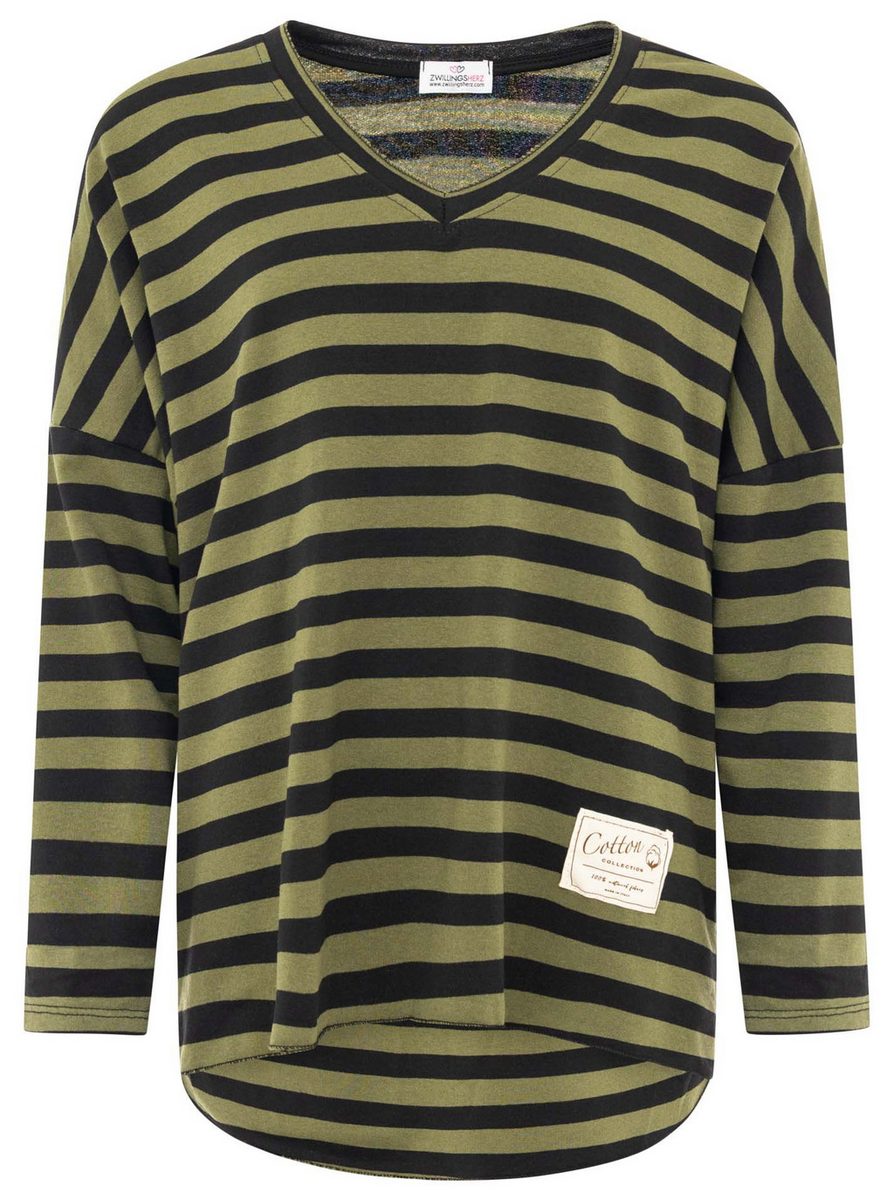 Zwillingsherz - Sweatshirt V-Neck "Streifen & Jersey" - Khaki/Schwarz