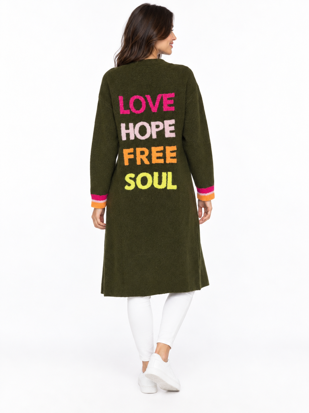 Zwillingsherz Long Cardigan "Love Hope" - Olive