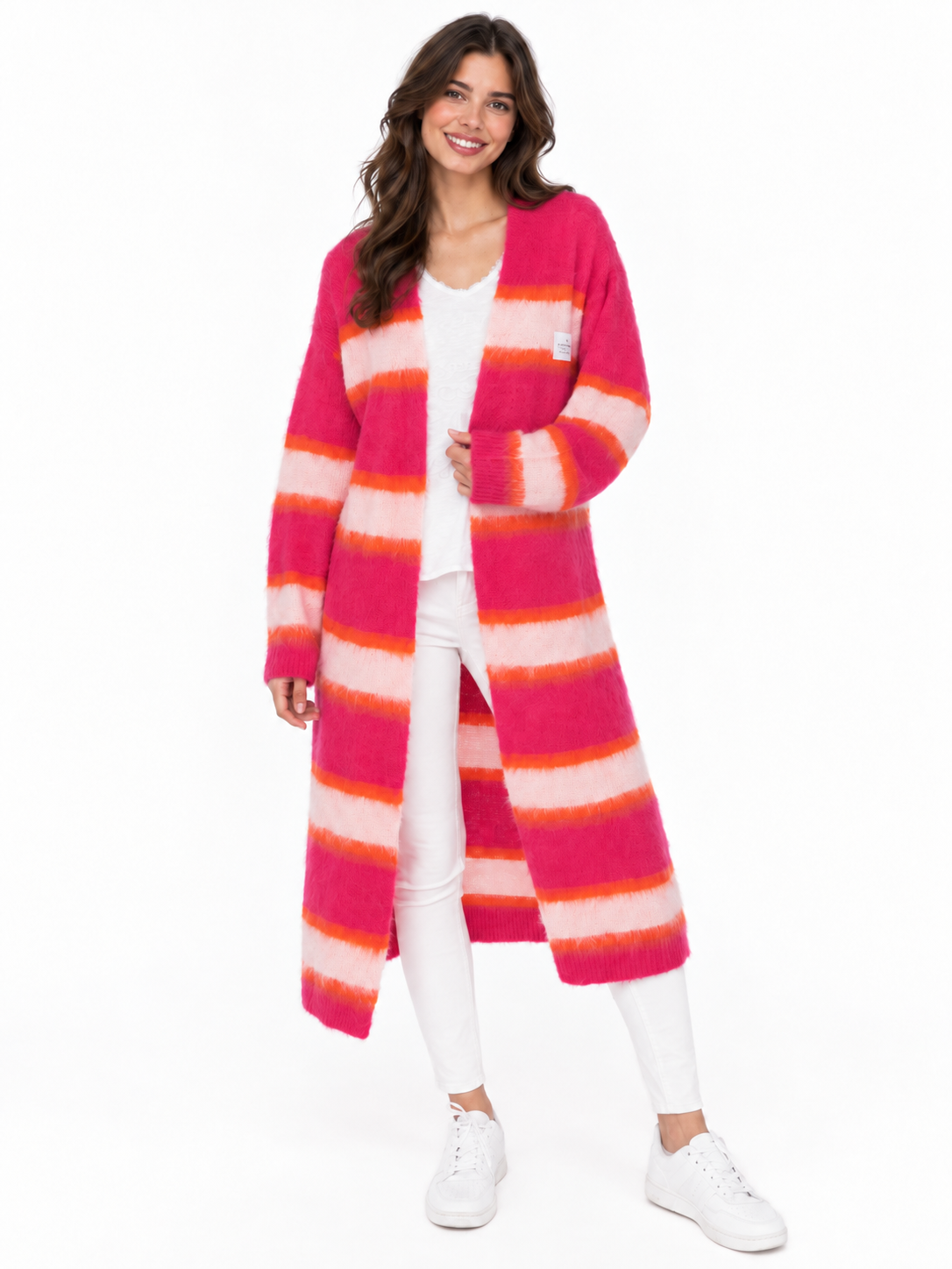 Zwillingsherz Long Cardigan "Fluffy Stripe" - Neonpink