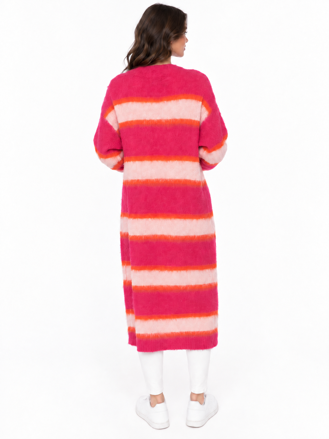 Zwillingsherz Long Cardigan "Fluffy Stripe" - Neonpink