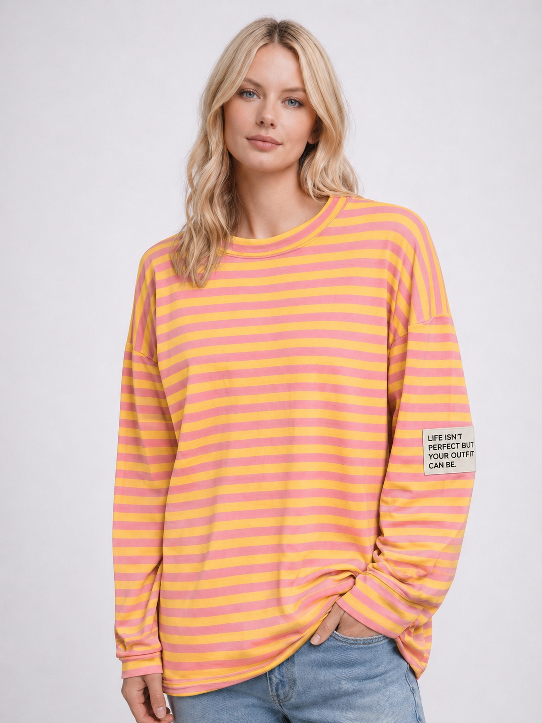 Flair - Leichtes Streifen Sweatshirt "Life isn’t Perfect but your Outfit can be" - Gelb/Rosa