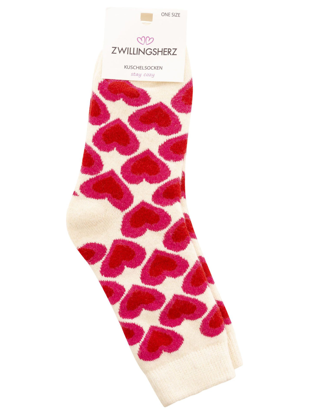 Zwillingsherz - Kuschelsocken Wolle Herzen - Beige/Pink (1 Paar)