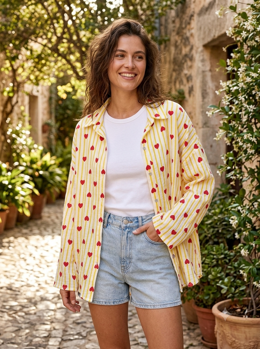 Musselin-Bluse Streifen & Herzen - Gelb