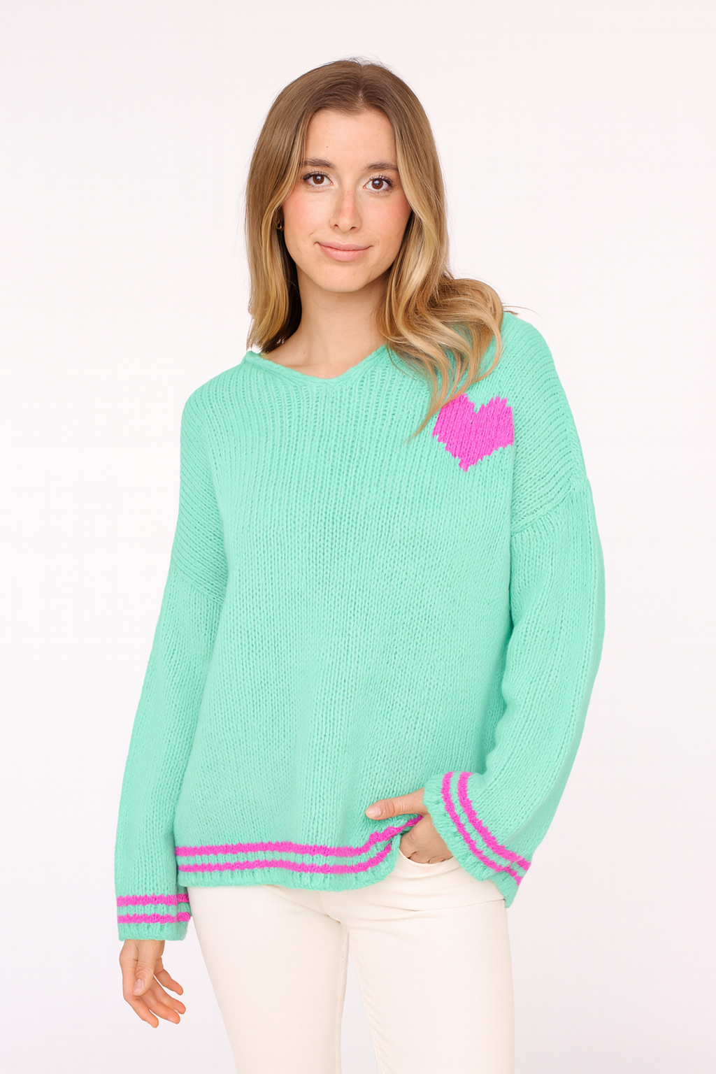 Oversize Strick Hoodie „Herz“ - Made in Italy - Mint/Pink