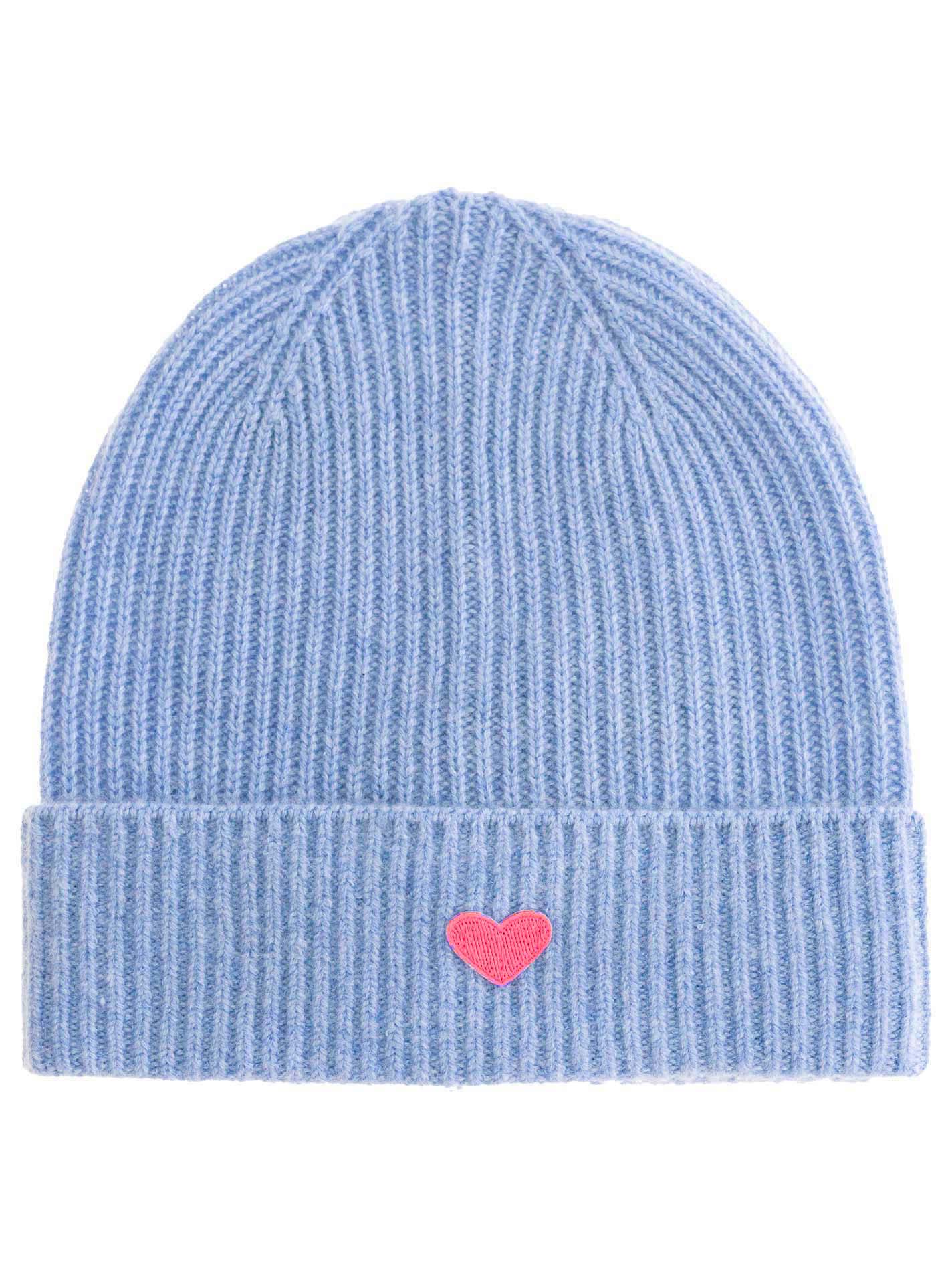 Zwillingsherz Damen Kaschmir-Mütze Herz Motiv (100% Cashmere) - Mittelblau