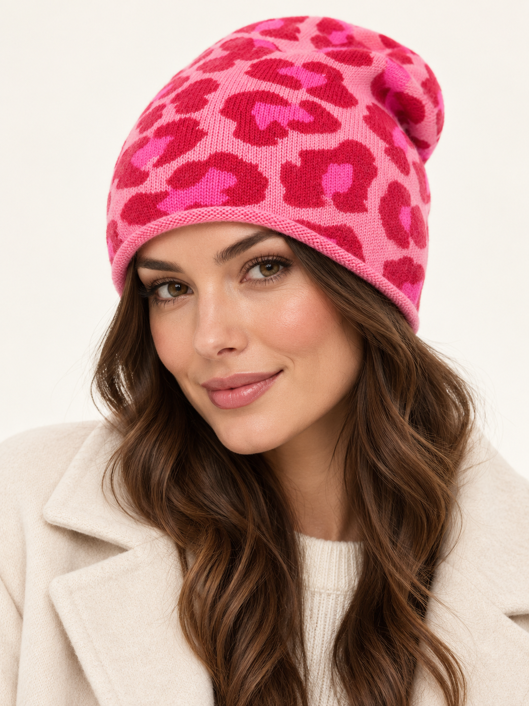Zwillingsherz Damen Kaschmir- Beanie Mütze Leopard (100% Cashmere) - Rot/Pink